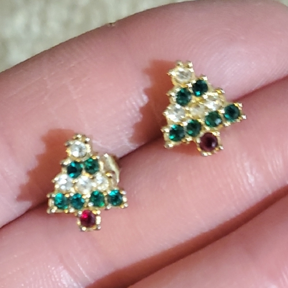 Gold and Green Christmas Tree Earrings